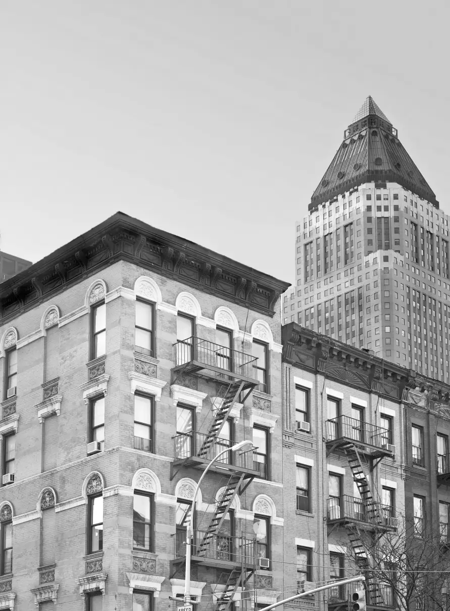 Black and white photo of NYC apartment building